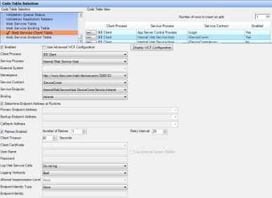 The web service client table option selected on the code table selection tab.